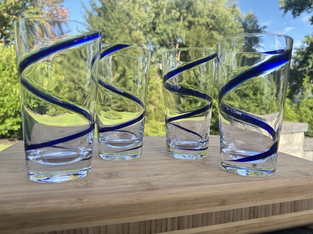Pier 1 Swirline Cobalt Blue Swirl Glass Highball Tumblers 6-3/8"~Set Of 4